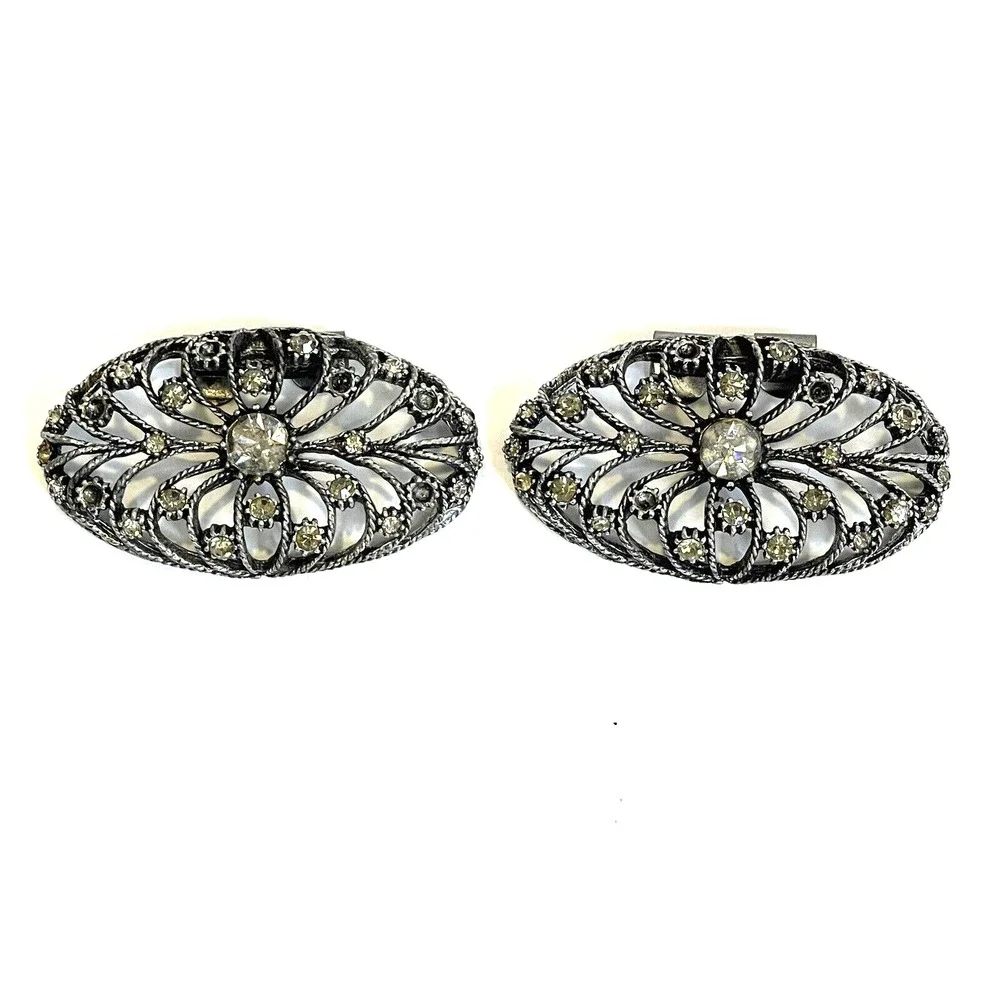 Vintage MUSI Shoe Clips Silver Tone Ornate Design Set Of 2 with‎ Rhinestones